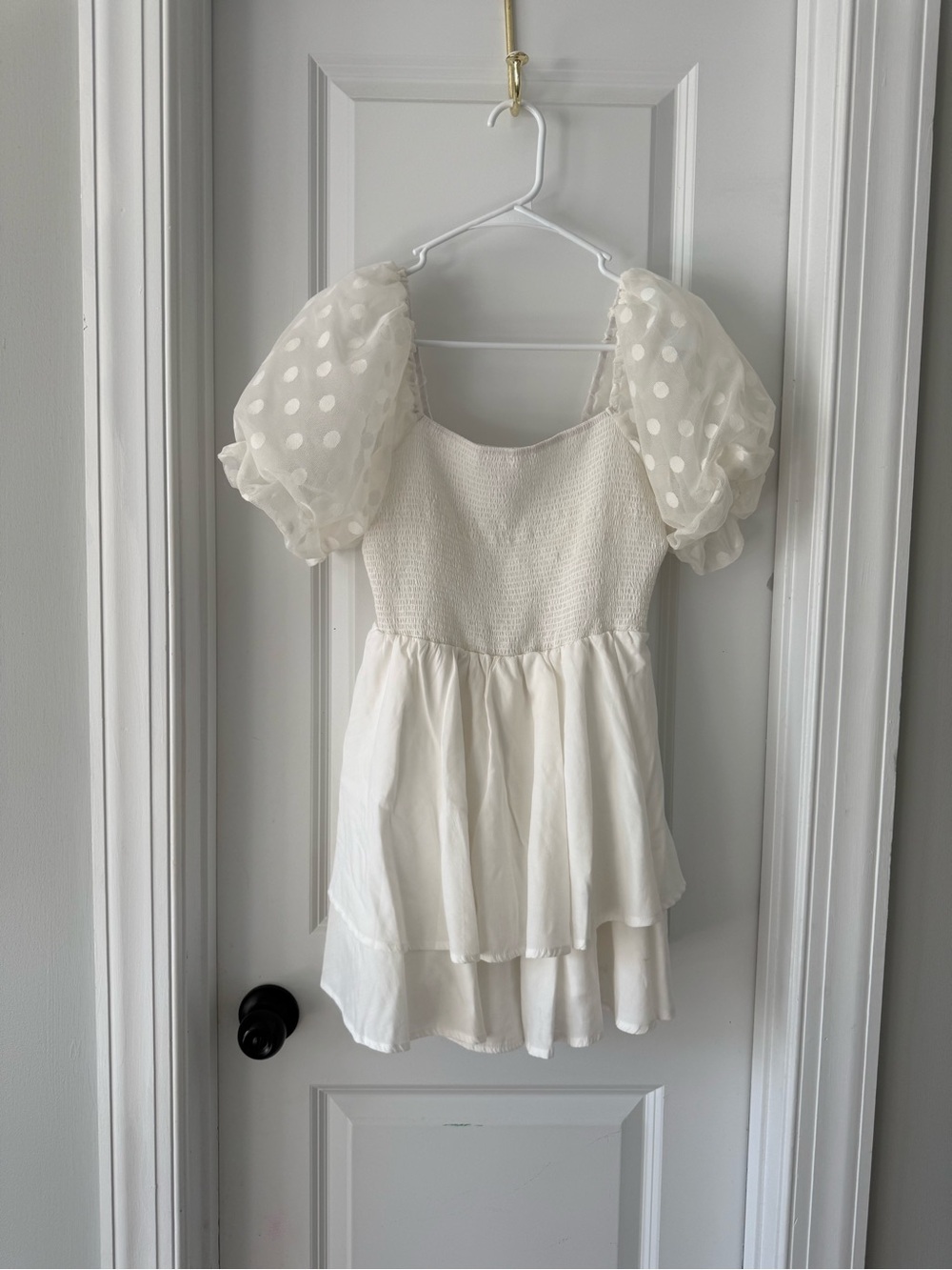 Entro White Polka Dot Sheer Mesh Puff Sleeve Smocked Tiered Romper Dress